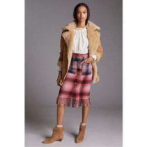 NEW Anthropologie Maeve Fringed Pink Plaid Button Front Mini Midi Skirt Size 12